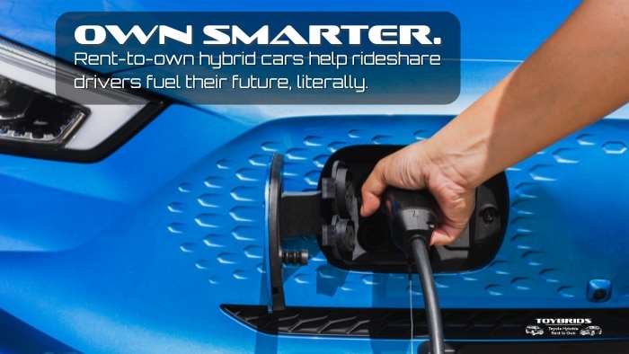 Hand charging a blue hybrid car — symbolic of rent-to-own options for Uber drivers in Perth