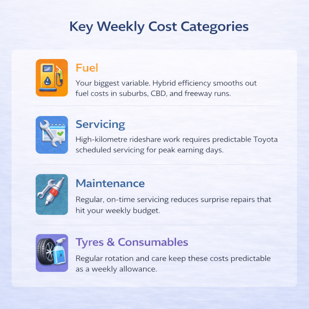 Infographic showing fuel, servicing, maintenance, and tyre costs that make up the weekly cost of RAV4 Hybrid for Perth rideshare drivers