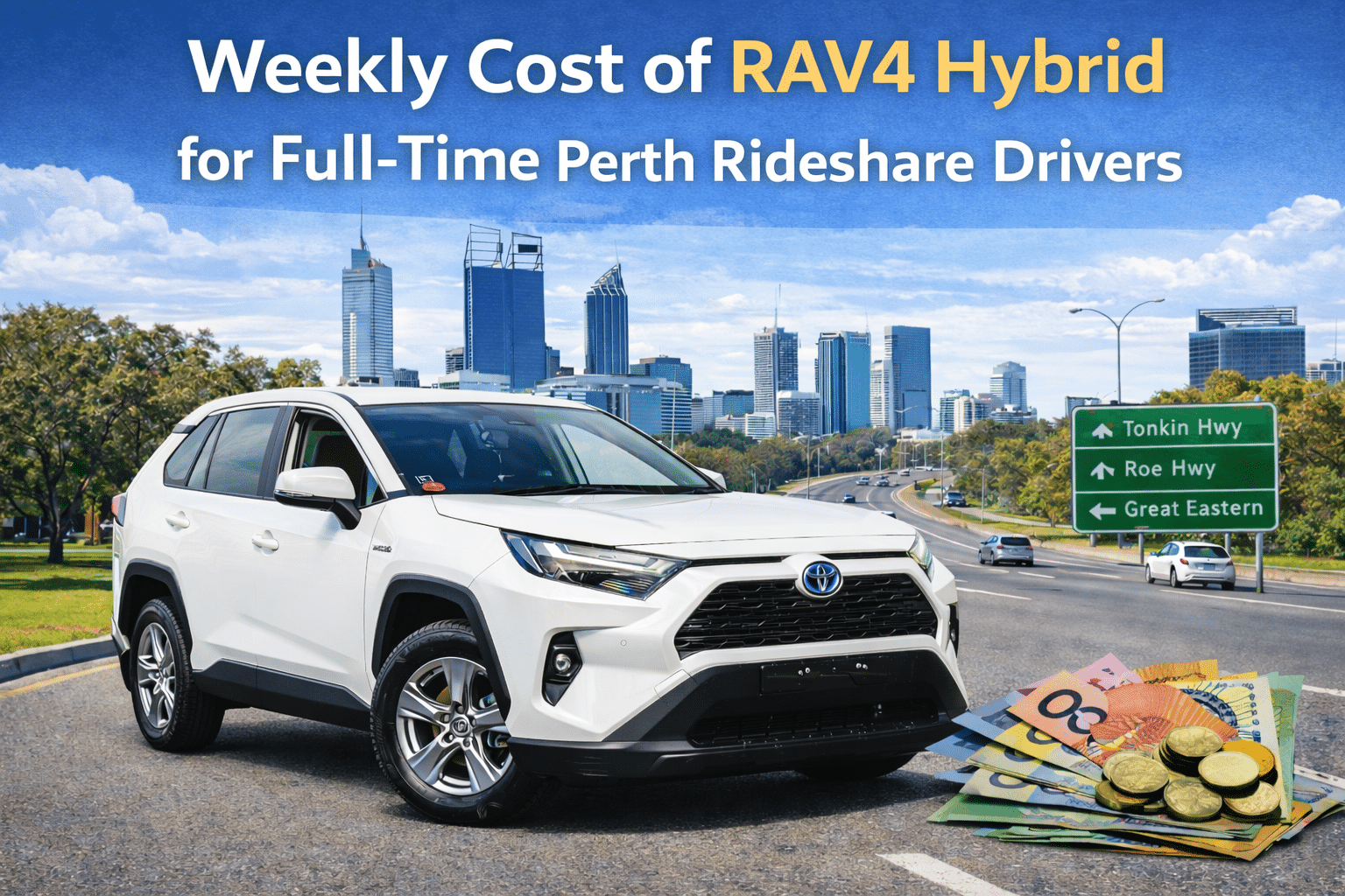 White Toyota RAV4 Hybrid on a Perth road with city skyline, illustrating weekly cost breakdown for full-time rideshare drivers